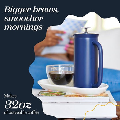 ESPRO Pro P7 French Press Stainless Steel 304 – Patented Double Walled Micro-Filter Insulated French Press Coffee Maker, Grit-Free Brew - Heat Resistant BPA Free - Aegean Blue, 32oz