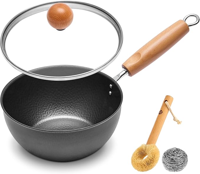 WANGYUANJI 1.5QT Iron Saucepan with Lid, Hammered Milk Pot for Boiling Ramen, Removable Wood Handle for Camping & Storage, Non-Coated Small Cookware for Single Serving, Induction Compatible