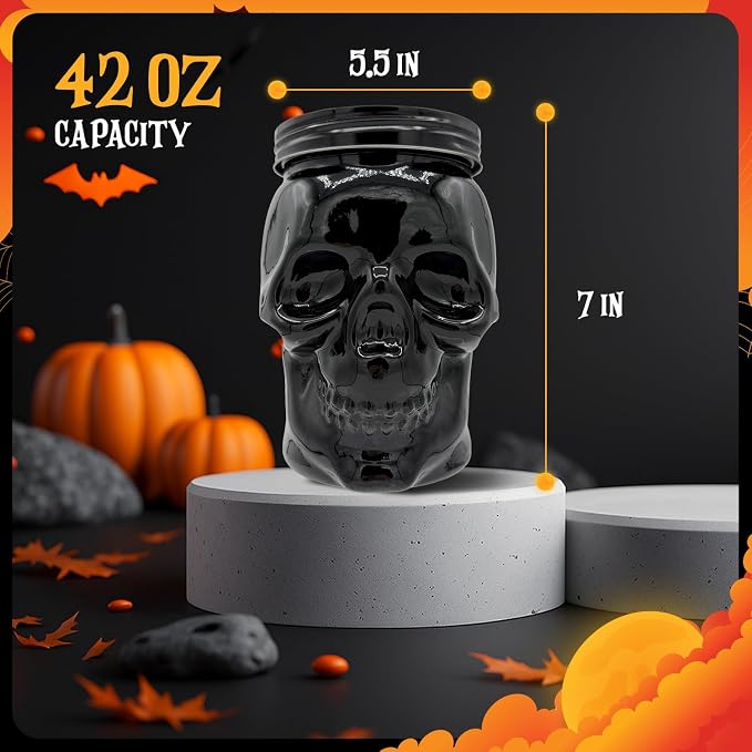 DURA LIVING Set of 2 Skull Mason Jar Glasses with Lids | 42oz Reusable Halloween Drinking Glasses | Unique Skull Décor, Storage, & Canning Jars for Parties & Gifts