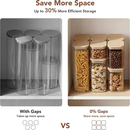 GENICOOK Square Glass Pasta Storage Containers, Set of 5, Pantry Organization & Storage Jars with Bamboo Lids, Stackable Borosilicate Kitchen Canisters for spaghetti, Sugar, Coffee, and Cereal