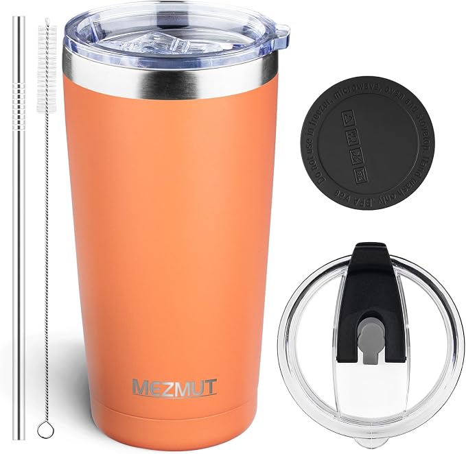 MEZMUT 20oz Tumbler Coffee Travel Mug with Daul Lid and Straw, Stainless Steel Double Wall Vacuum Spill Proof Insulated Tumbler, Hot or Iced Coffee Cups for Drinks (1Pack, Orange)