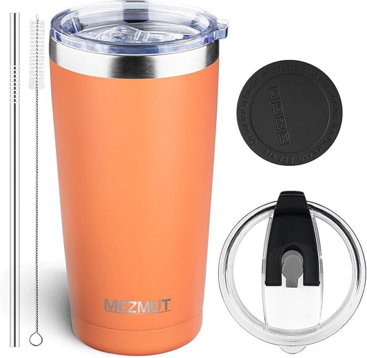 MEZMUT 20oz Tumbler Coffee Travel Mug with Daul Lid and Straw, Stainless Steel Double Wall Vacuum Spill Proof Insulated Tumbler, Hot or Iced Coffee Cups for Drinks (1Pack, Orange)