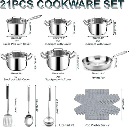 Stainless Steel Cookware Set - 21 PCS Kitchen Cookware Sets with 3-Ply Frying Pan, Even Heating, Cool Handle, Chef Quality Cooking Set, Pots and Pans Set Induction Ready, Dishwasher Safe