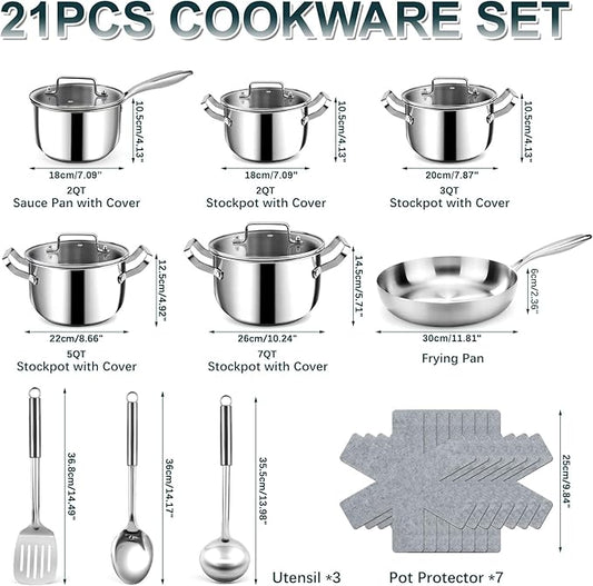 Stainless Steel Cookware Set - 21 PCS Kitchen Cookware Sets with 3-Ply Frying Pan, Even Heating, Cool Handle, Chef Quality Cooking Set, Pots and Pans Set Induction Ready, Dishwasher Safe