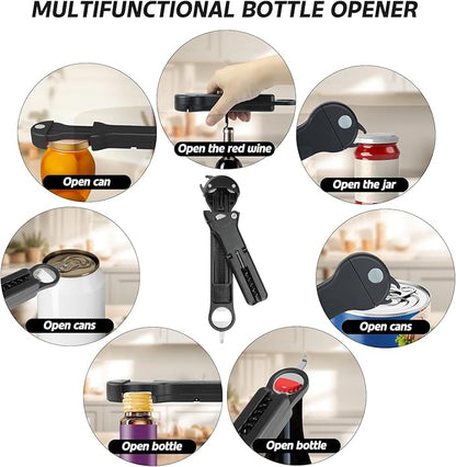 Jar Opener for Seniors with Arthritis, 7 in 1 Bottle Opener and Wine Corkscrew, Easy Grip Kitchen Gadget for Weak Hands Elderly, Retractable Jaw Lid Opener with Magnetic Storage (Black)