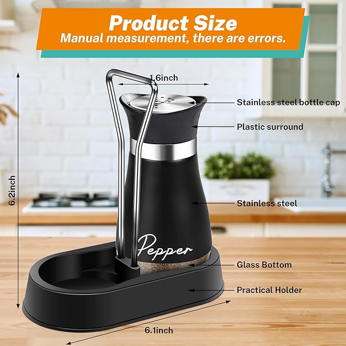 Black Salt and Pepper Shakers Set with Holder,4 oz kitchen accessories and decor for Restaurant, Wedding, Housewarming Gifts Refillable Design (Black)