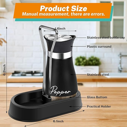 Black Salt and Pepper Shakers Set with Holder,4 oz kitchen accessories and decor for Restaurant, Wedding, Housewarming Gifts Refillable Design (Black)