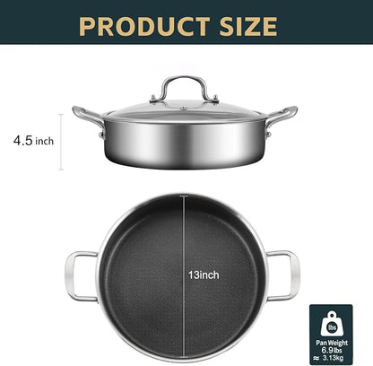 Yeksum 8-Quart Tri-Ply 18/10 Stainless Steel Saute Pan 13-Inch Nonstick Skillet with Lid, Even Heat, Induction Ready, Dishwasher & Oven Safe