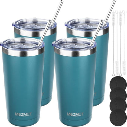 MEZMUT 20oz Tumbler Coffee Travel Mug with Lid and Straw, 4 Pack Stainless Steel Double Wall Vacuum Spill Proof Insulated Tumbler, Hot or Iced Coffee Cups for Drinks (4Pcs, Maya Blue)