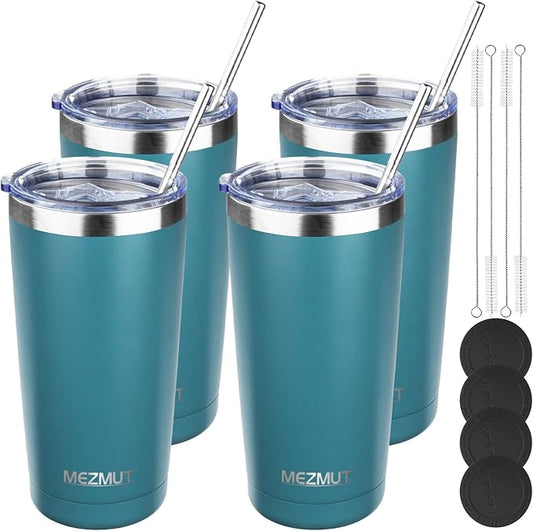MEZMUT 20oz Tumbler Coffee Travel Mug with Lid and Straw, 4 Pack Stainless Steel Double Wall Vacuum Spill Proof Insulated Tumbler, Hot or Iced Coffee Cups for Drinks (4Pcs, Maya Blue)