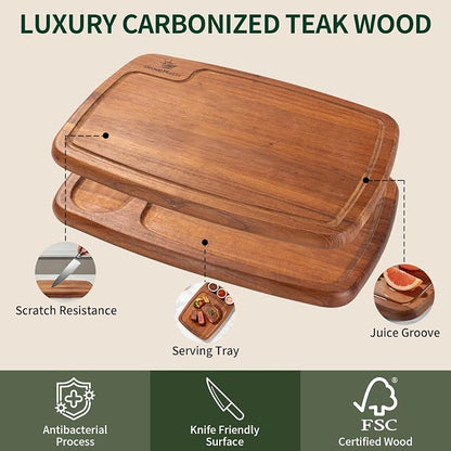 Dark Oak Wood Cutting Boards for Kitchen (Set of 3), Heavy Duty Chopping Board with Deep Juice Groove, Reversible Designed, Storage Stand & Oiling Brush