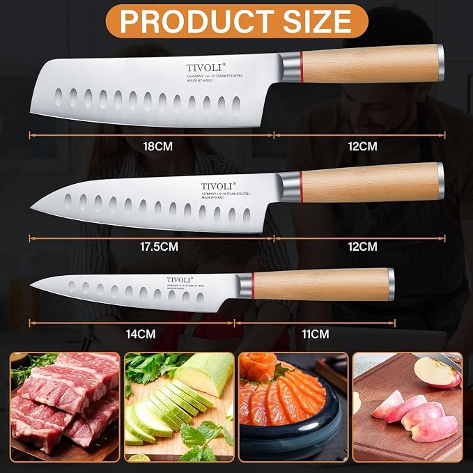 TIVOLI 3 PCS Kitchen Knife Set, High Carbon Stainless Steel Cutlery Knife Set, Ergonomic Wood Handle, Professional Chef Knife Set Gifts For Cooks