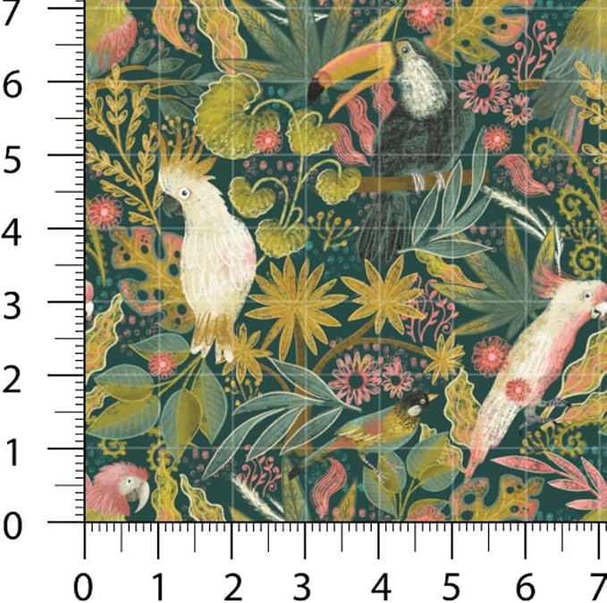 Tropical Patchwork Fabric Panel 100x155 cm – 100% Cotton Satin, 6 Coordinated Botanical & Bird Prints on One Continuous Sheet (Wild Tropics, 6pcs 50x50cm)