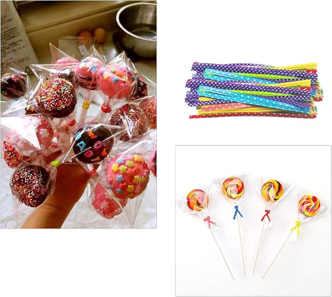 Lollipop Cake Pop Treat Bag Set Including 100pcs Parcel Bags, Papery Treat Sticks, Colorful Metallic Twist Ties for Making Lollipops, Cake Pops, Candies, Chocolates and Cookies