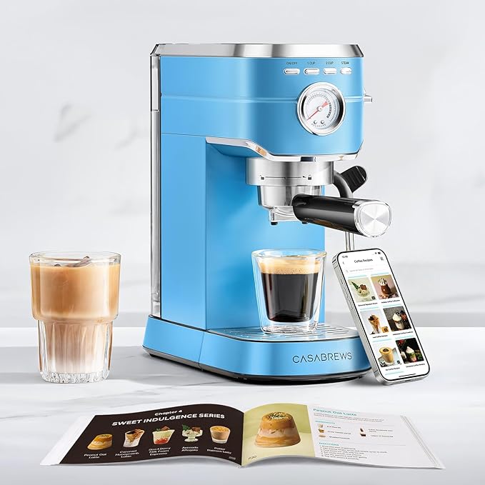 CASABREWS CM5418 Espresso Machine 20 Bar, Compact Espresso Maker with Steam Milk Frother, Stainless Steel Coffee Machine with 34oz Removable Water Tank for Cappuccino, Small Latte Machine, Blue