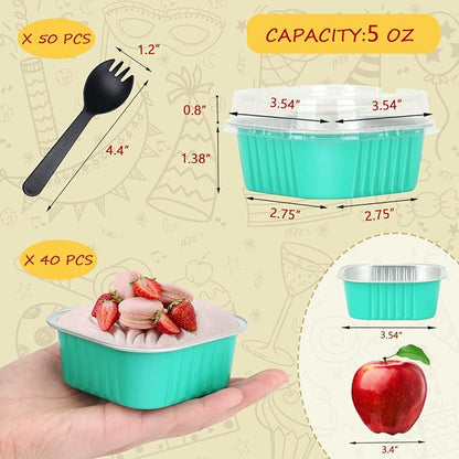 LNYZQUS 5oz Square Cupcake Pan with Lids 40 Pack, Aluminum Foil Muffin Pan Mini Cake Cups,Disposable Ramekins Brownie Baking Pans Cupcake Liners Muffin Tin-Cyan Blue