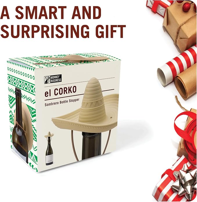 Silicone Wine Stopper/Fun Sombrero shaped cap seals bottle and keeps wine fresh/Cute Wine Accessories/ Kitchen Gadgets/el Corko Bottle Stopper by Monkey Business
