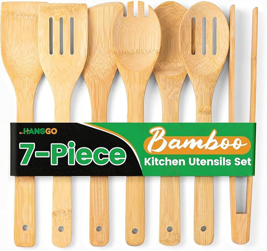 HANSGO 7-Piece Bamboo Kitchen Utensils Set, Wooden Spoons & Spatulas for Nonstick Cookware, Lightweight Heat-Resistant Cooking Tools with Comfortable Grip, Kitchen Gift Set