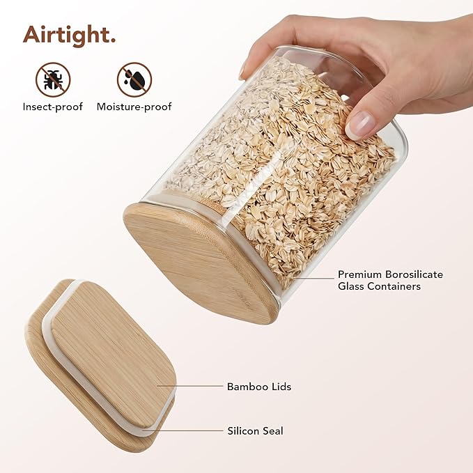 GENICOOK Square Glass Pasta Storage Containers, Set of 5, Pantry Organization & Storage Jars with Bamboo Lids, Stackable Borosilicate Kitchen Canisters for spaghetti, Sugar, Coffee, and Cereal