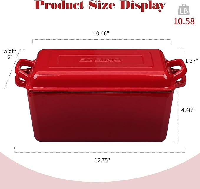 EDGING CASTING Enameled Cast Iron Dutch Oven, Oblong Bread Oven for Sourdough Bread Baking, Baking Pan, Dual Handles, Oven Safe, 4 Quart, Red