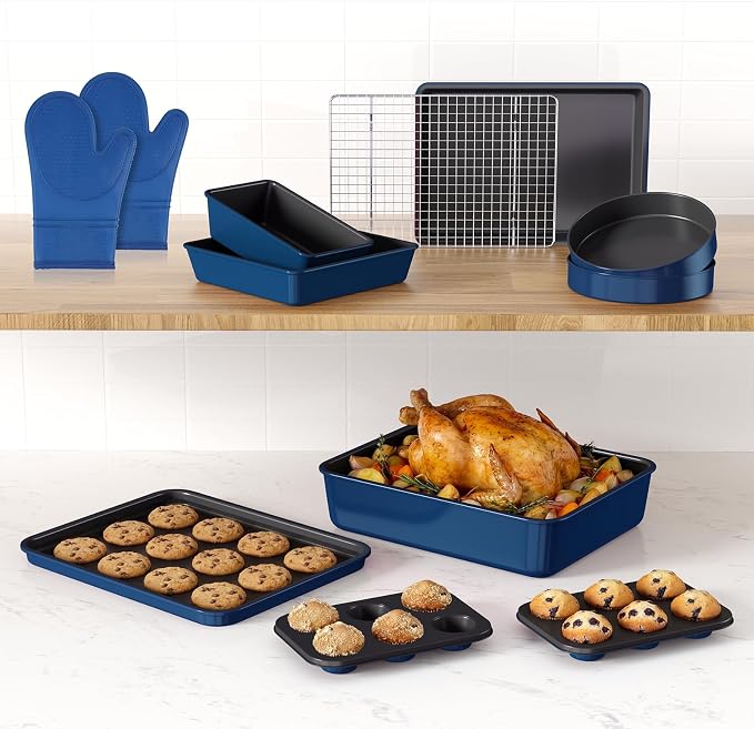 Wildone 13-Piece Baking Pans Set Nonstick - Stackable Bakeware Sets Including Cookie Sheets for Baking, Rack, Muffin Pan, Cake pan, Loaf Pan, Roasting Pan, Heavy Duty & Easy Clean, Blue