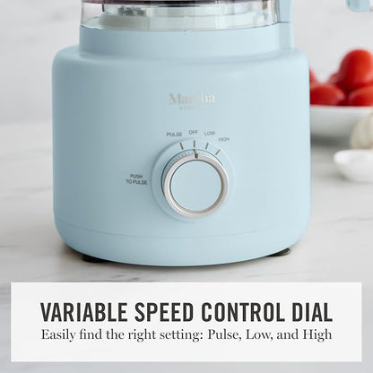 Martha Stewart Food Processor, 10-Cup Electric Chopper for Slicing, Shredding, Mincing and Puree, BPA-Free Twist & Lock Bowl, 3 Multipurpose Blades, Variable Speed Dial, Wide Feed Chute, Sky Blue