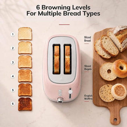2 Slice Toaster Retro Stainless Steel with Bagel, Cancel, Defrost Function and 6 Bread Shade Settings Bread Toaster, Extra Wide Slot and Removable Crumb Tray (Pink)