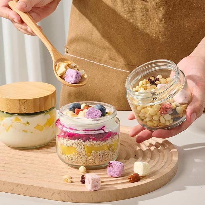Hoa Kinh 9oz 12Pack Glass Food Storage Jars with Lids, Leak Proof Small Glass Jars for Overnight Oats, Cereal, Empty Jar with Woodgrain Lids for Kitchen