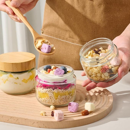 Hoa Kinh 9oz 12Pack Glass Food Storage Jars with Lids, Leak Proof Small Glass Jars for Overnight Oats, Cereal, Empty Jar with Woodgrain Lids for Kitchen