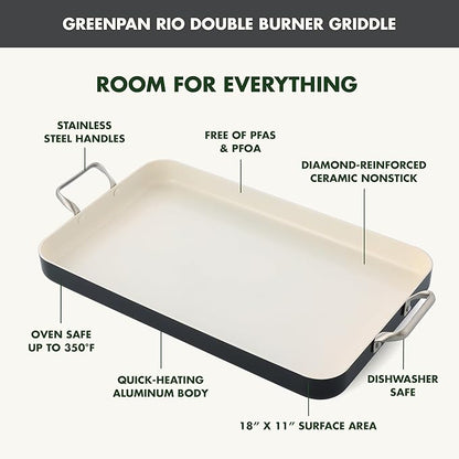 GreenPan 18" x 11" Double Burner Griddle Pan, Hard Anodized Healthy Ceramic Nonstick PFAS-Free, Stainless Steel Handles, Stovetop Cooking, Dishwasher Safe, Oven & Broiler Safe Cookware, Black