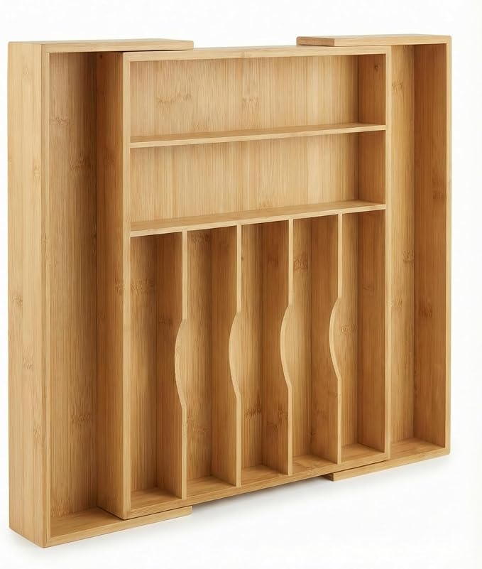 Expandable Bamboo Silverware Drawer Organizer, 5-7 Compartments | Expands to Fit Most Drawers, 5-7 Compartments, Dual-Zone Storage for Flatware and Large Utensils