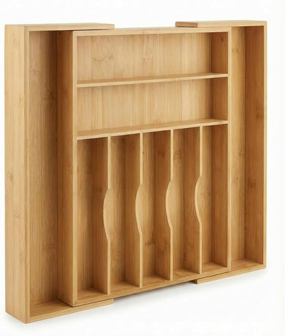 Expandable Bamboo Silverware Drawer Organizer, 5-7 Compartments | Expands to Fit Most Drawers, 5-7 Compartments, Dual-Zone Storage for Flatware and Large Utensils