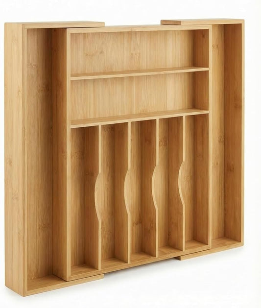 Expandable Bamboo Silverware Drawer Organizer, 5-7 Compartments | Expands to Fit Most Drawers, 5-7 Compartments, Dual-Zone Storage for Flatware and Large Utensils