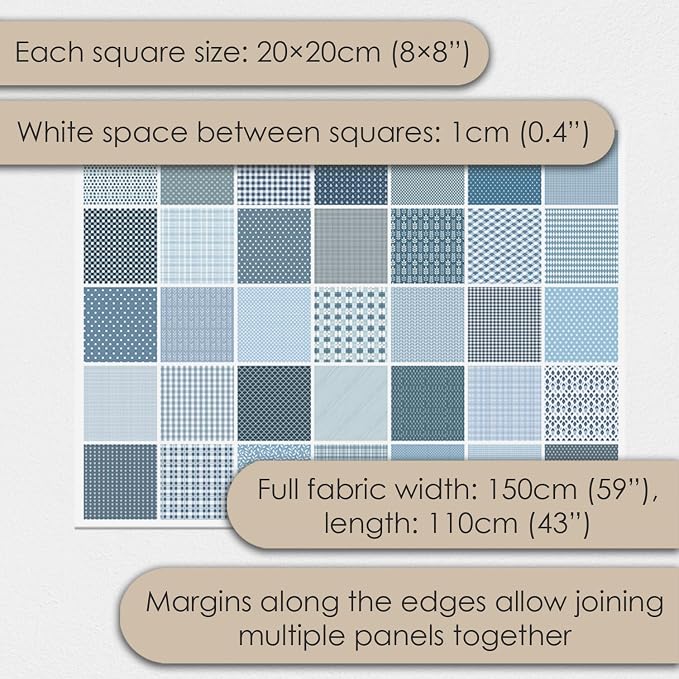Cotton Satin Patchwork Fabric Panel – 35 Designs, 20×20 cm Squares, Single Piece 150×110 cm, Blue Patchwork Quilt Fabric (Blue Harmony Patchwork Set, 35pcs 8x8 inch)