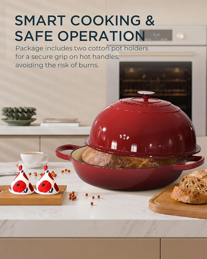 Enameled Cast Iron Bread Oven, 6QT Cast Iron Dutch Oven for Homemade Sourdough Bread Baking, Round Bread Pot with Dome Lid & Cotton Potholders, Cherry Red