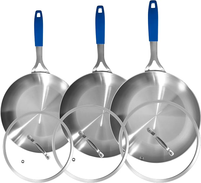Inqibee 8.5-10-12 Inch Tri-Ply Stainless Steel Frying Pan Set with Lids, Skillets, Induction Chef's Cooking Pans, Pots and Pans Set, Dishwasher Safe and Detachable Handle