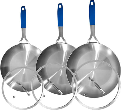 Inqibee 8.5-10-12 Inch Tri-Ply Stainless Steel Frying Pan Set with Lids, Skillets, Induction Chef's Cooking Pans, Pots and Pans Set, Dishwasher Safe and Detachable Handle