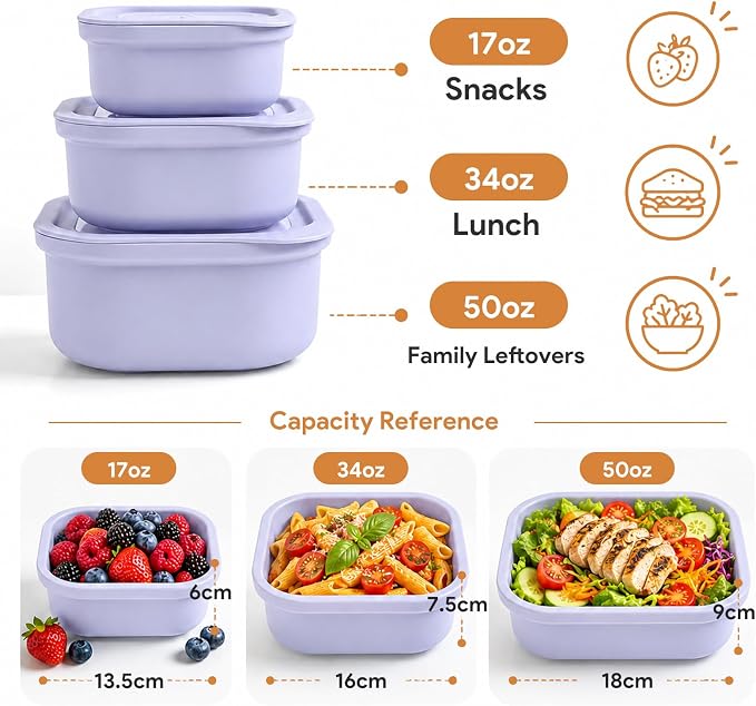 3 Pack Food Storage Containers with Easy-Open Vent Lids, Leak Resistant BPA-Free Meal Prep Containers, Microwave Freezer Dishwasher Safe, Stackable Food Containers,Purple,17oz 34oz 51oz