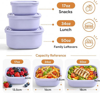 3 Pack Food Storage Containers with Easy-Open Vent Lids, Leak Resistant BPA-Free Meal Prep Containers, Microwave Freezer Dishwasher Safe, Stackable Food Containers,Purple,17oz 34oz 51oz