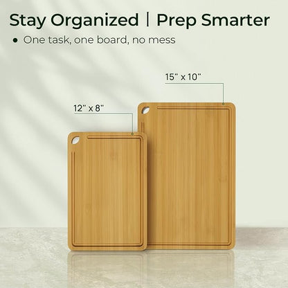 Keechee Chopping Board 2-Pcs Natural Bamboo Cutting Board With Juice Channels & Knife-Friendly Finish For Versatile Kitchen Use, Ideal Charcuterie & Chopping Multi-Use