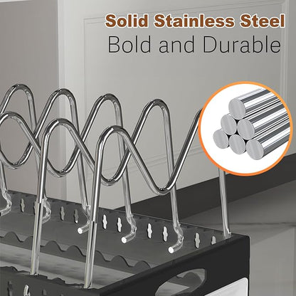 Pan Organizers Inside Cabinet with Drip Tray, 21" Deep Pull out Cabinet Organizer Adhesive, Pot Lids Organizer with Handle Under Cabinet, Slide Out Cookie Sheet organizer with 9 Adjustable Dividers