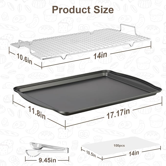 Baking Sheet with Rack Set, Carbon Steel Cookie Sheets for Baking, Multipurpose Cooking Sheet Pan, Cooling Rack, Nonstick Baking Pans, Dishwasher Safe, Size 17 x 12 x 0.8 Inches