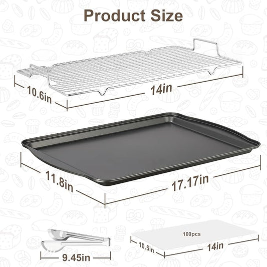 Baking Sheet with Rack Set, Carbon Steel Cookie Sheets for Baking, Multipurpose Cooking Sheet Pan, Cooling Rack, Nonstick Baking Pans, Dishwasher Safe, Size 17 x 12 x 0.8 Inches