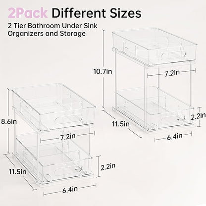Delamu 2 Tier Under Sink Organizer Bathroom, Bathroom Cabinet Organizer with Snap-Lock Design and Hooks, Pull Out Storage with Movable Dividers, for Countertop, Kitchen and Pantry (Clear, 2 Pack)