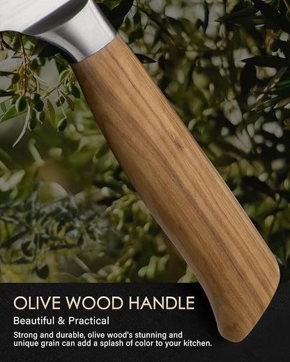 Mitsuharu 10" Butcher Knife, SHOMAN Series Curved Cimitar Breaking Knives, with Ergonomic Olive Wood Handle, German Steel Carving, Sharp Meat Slicing for Roast Ham with Case (Butcher Knife)