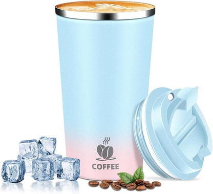 Insulated Travel Coffee Mug Reusable Coffee Tumbler Cup with Flip Lid Leak Proof Spill Proof for Office School Party Camping Hot and Cold Drink,Stainless Steel 17oz (Blue Pink)