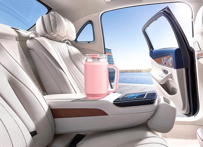 Meoky 32 oz Tumbler with Handle, Insulated Tumbler with Lid and Straw, Stainless Steel Travel Mug, Keeps Cold for 24 Hours, 100% Leak Proof, Fits in Car Cup Holder (Blush)