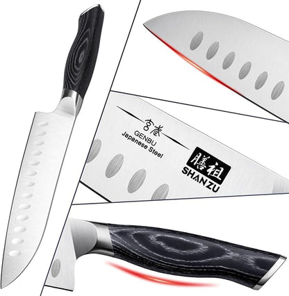 SHAN ZU 7 Inch Japanese Chef Knife, Professional Kitchen Knives, Japanese Super Steel Sharp Santoku Knife with K133 Ergonomic Handle, Black Tortoise Genbu Series