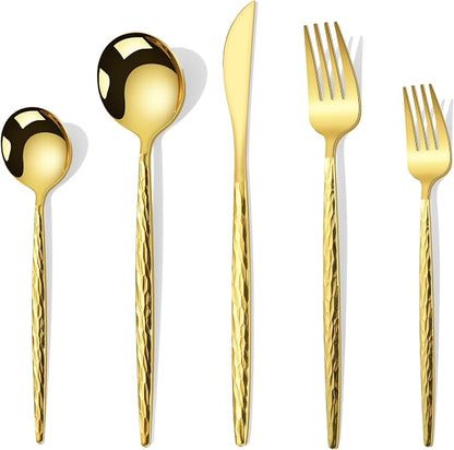 Hammered Gold Silverware Set,30 Piece Stainless Steel Flatware Set for 6,Modern Cutlery Set,Includes Spoon Fork Knives Set,Home Kitchen and Restaurant,Dishwasher Safe