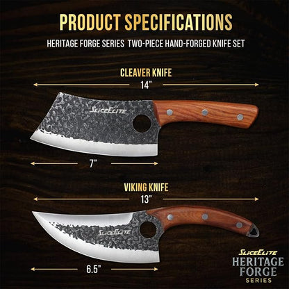 SliceElite 2PCS Hand-Forged Butcher Knife Set | Cleaver & Viking Knives for Meat Cutting | Professional Chef Knife Gift Box, Perfect BBQ Tool for Men